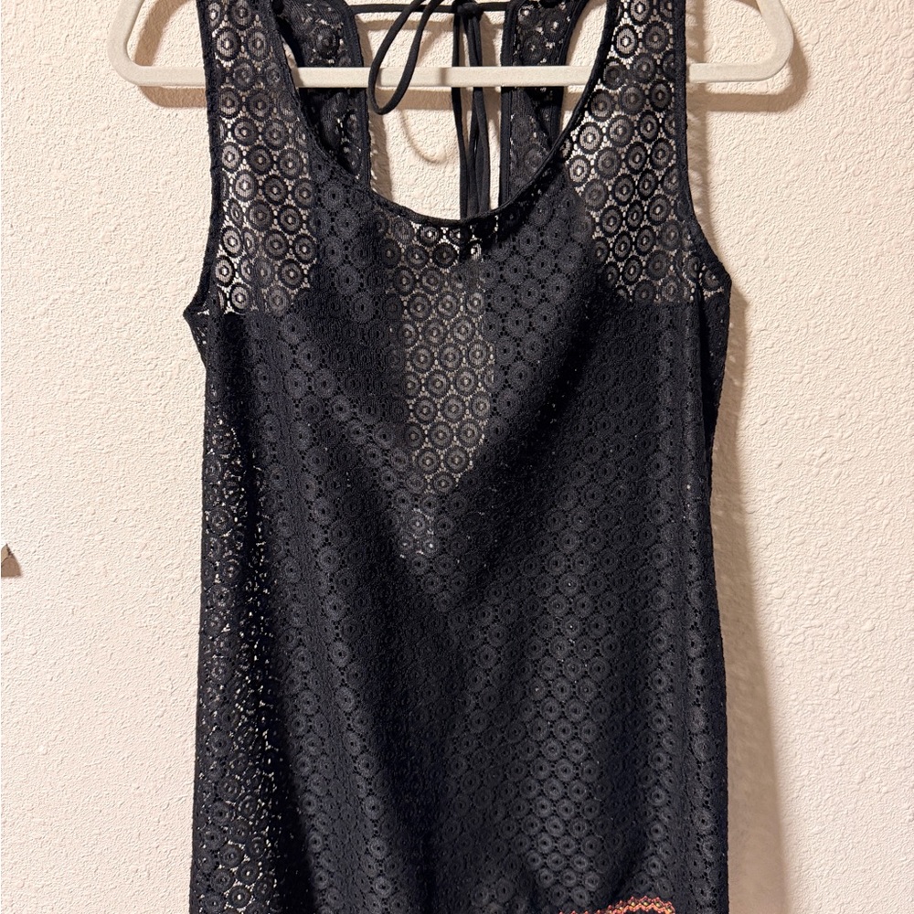 WOMENS SIZE LARGE XHILARATION CROCHET FRINGE TANK SWIMSUIT COVER UP DRESS BLACK